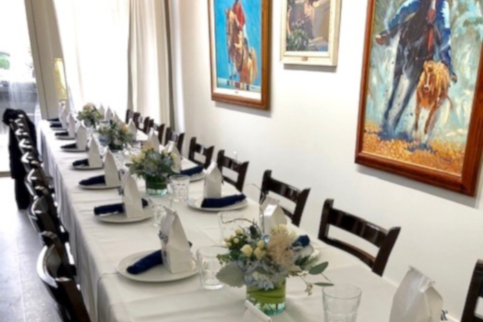 Long table for larger groups, set and decorated